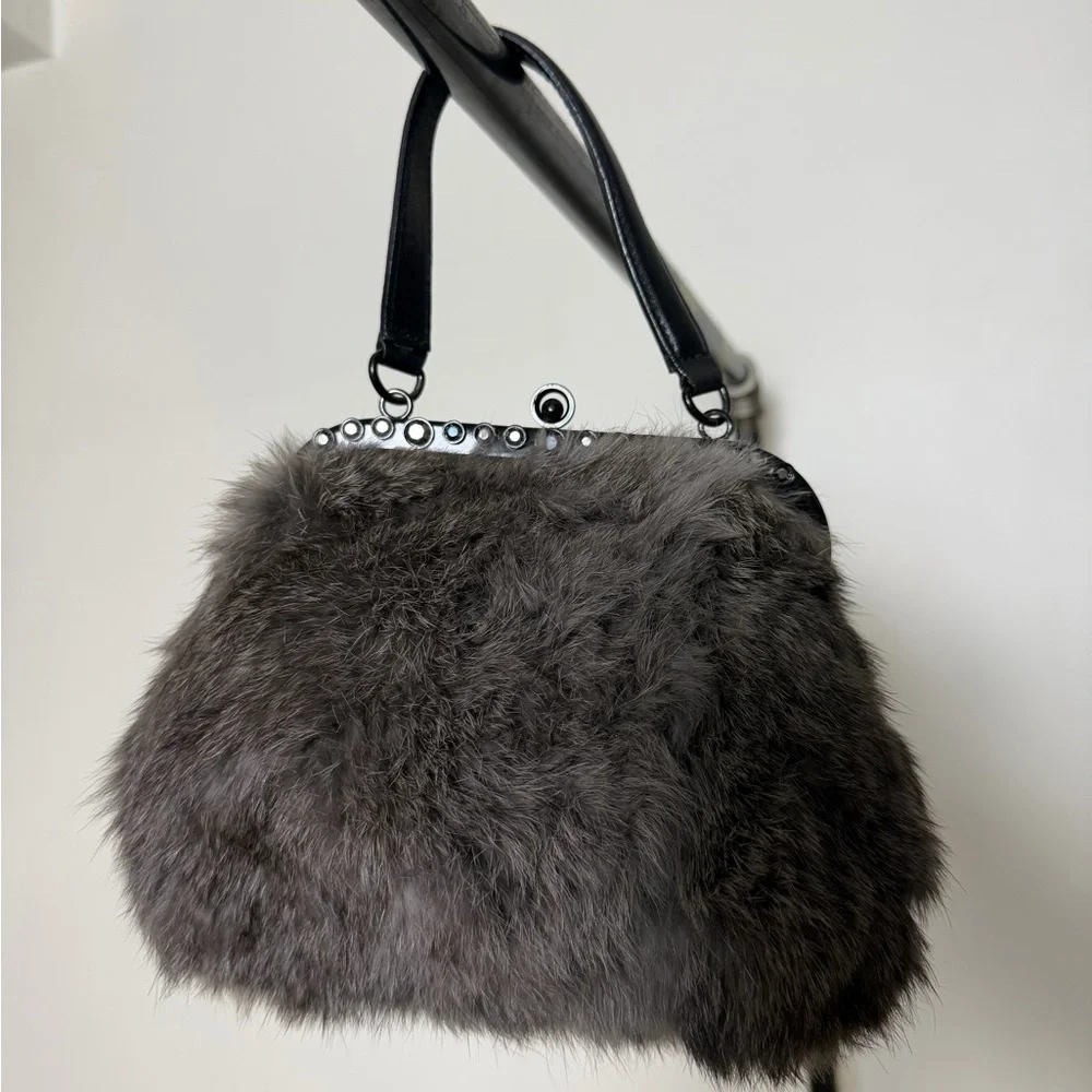 Isabella Fiore Gray Rabbit Fur Frame Bag Clasp Clutch - Picture 1 of 3